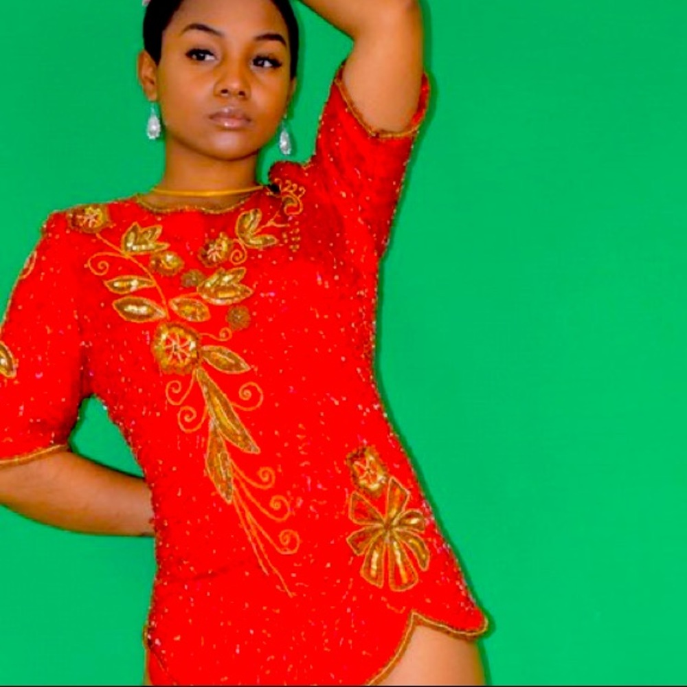 Red & gold hand beaded blouse